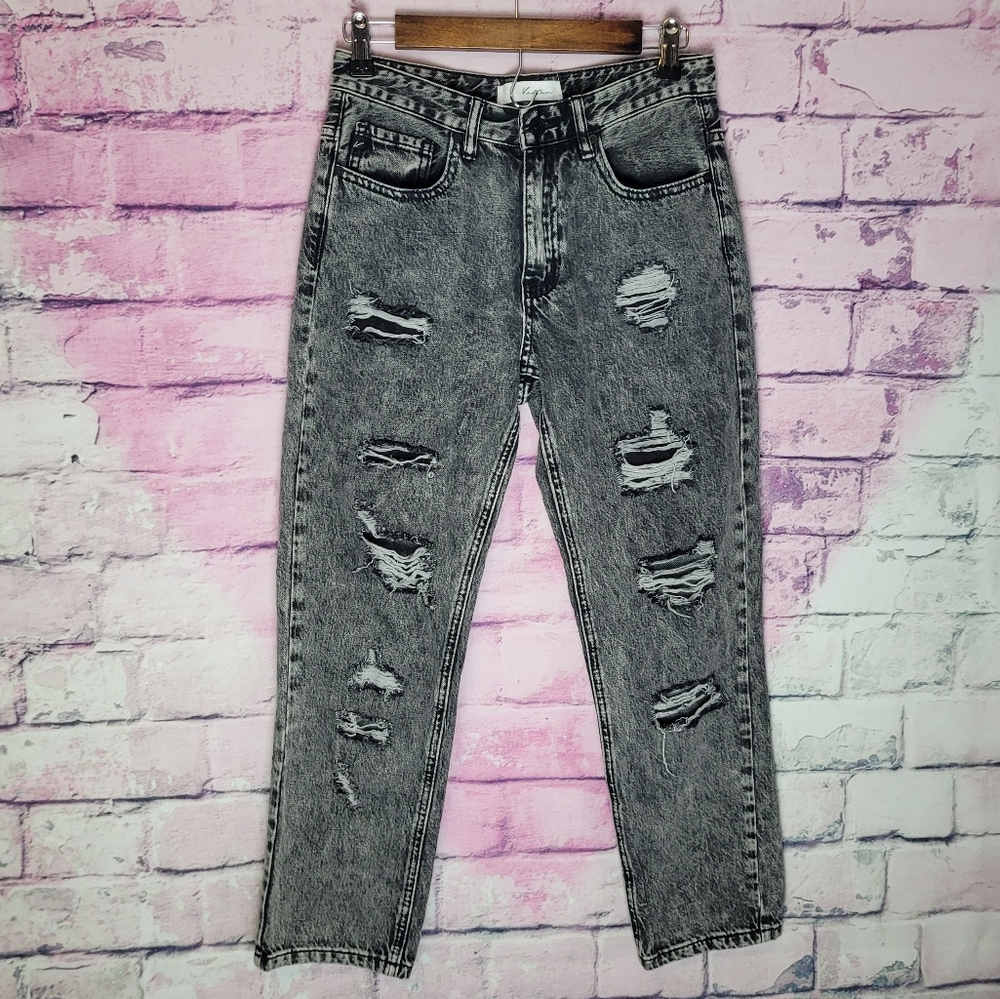 KANCAN RITA HIGH RISE SLIM STRAIGHT JEANS BLACK ACID WASH DISTRESSED 3/25